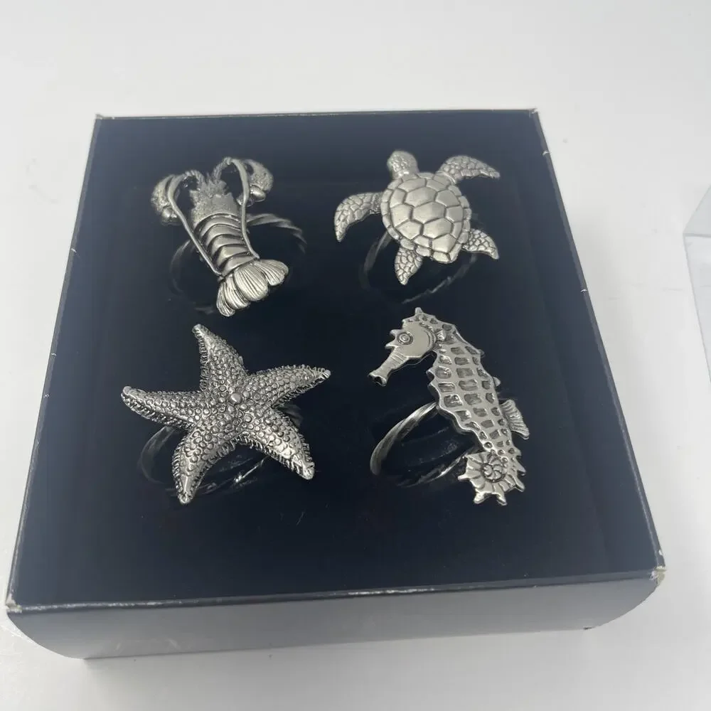 Pewter Napkin Rings Lobster Turtle Starfish Seahorse Set 4 Nautical Sealife New